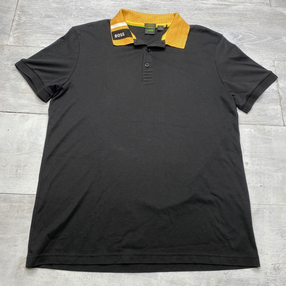 Hugo Boss Paddy 1 Polo Shirt Mens XL Black Yellow Luxury Cotton Regular Fit Top